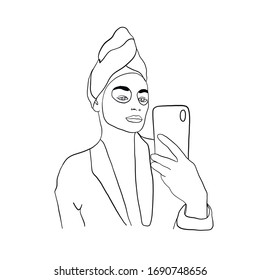 Hand drawn girl in a cosmetic mask after a shower takes photos of herself on the phone, stay at home and take care of yourself and your body. Home spa. 