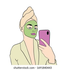 Hand drawn girl in a cosmetic mask after a shower takes photos of herself on the phone, stay at home and take care of yourself and your body. Home spa. 