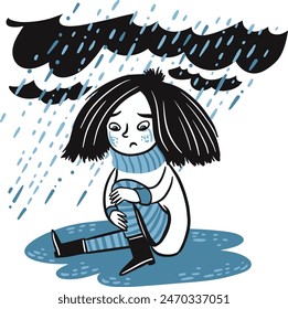 Hand drawn - girl crying and sitting in the rain puddle