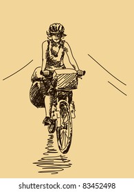 Hand drawn girl cyclist Vector. Visit my portfolio for big collection of hand drawn illustrations