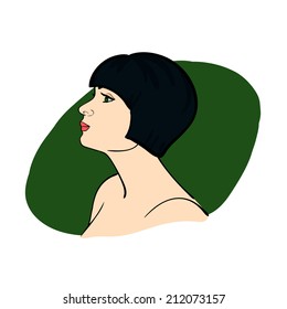 Hand drawn girl with dark hair on the green background. Girl with bob. 