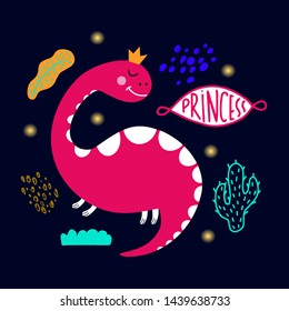 Hand drawn girl dino. Vector illustration with cute dinosaur. Isolated cartoon illustration for kid game, book, t-shirt, textile. 