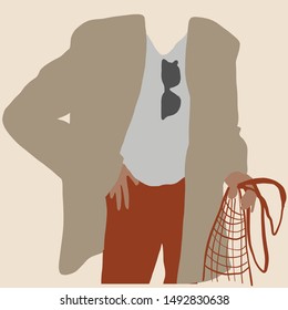 Hand drawn girl dressed in trendy clothes pastel colors. Flat figure style. Woman with eco bag