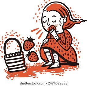 Hand drawn girl eating strawberries