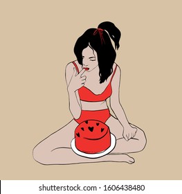 Hand drawn Girl eats cake licking cream with thumb sitting in lotus position in red underwear. Hand drawn portrait of a fashion young model woman with brunette hairstyle . 