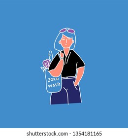 hand drawn girl with eco bag zero wste flat pop art design style vector illustration