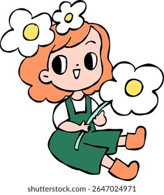 Hand drawn girl farmer with flowers in summer daisy and tulip garden cartoon