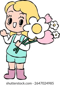 Hand drawn girl farmer with flowers in summer daisy and tulip garden cartoon