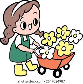 Hand drawn girl farmer with flowers in summer daisy and tulip garden cartoon