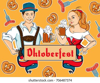 A hand drawn girl and a guy with beer at the Oktoberfest festival. Under them there is a banner with text.