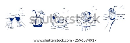 Hand drawn girl in hat and swimsuit, flamingos, fruit drinks, coconut cocktail, hands with glasses, sea. Vector set for summer design. Isolated.