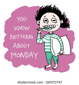 Hand drawn girl hating Monday. Vector illustration.