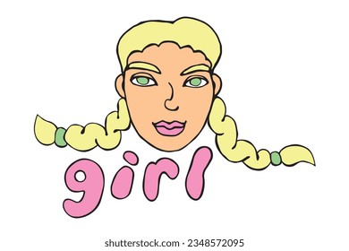Hand drawn girl head with two braids, face kid in cartoon doodle flat style. Vector color cute illustration, clipart. Children are different and beautiful