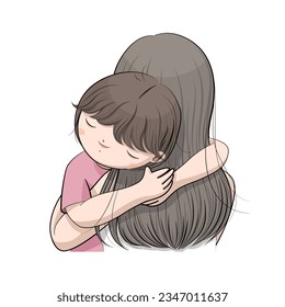 hand drawn girl hugging mother