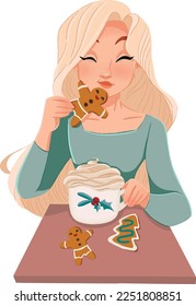 Hand drawn girl with long blond hair drinking hot chocolate and eating cookie man