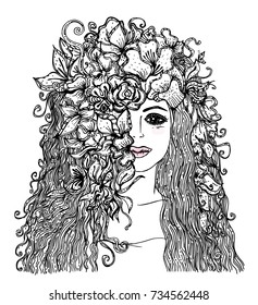 Hand drawn girl with long hair and flowers. Coloring book pages. Portrait of young beautiful woman. Vector isolated illustration. Isolated black image on white background. Print for girl t shirt.