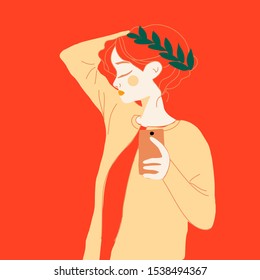 hand drawn girl make selfie  flat pop art style vector illustration