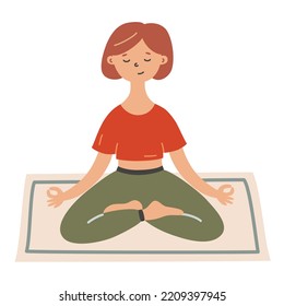 Hand Drawn Girl Meditating In Lotus Position, Meditation Doodle Icon, Vector Illustration Of A Woman Practicing Mindfulness On Yoga Mat, Isolated Colored Clipart On White Background