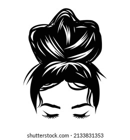 Hand drawn girl with messy hairstyle - hair bun. Mom life style clip art for prints