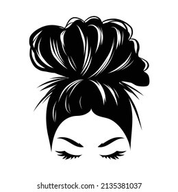 Hand drawn girl with messy hairstyle - hair bun. Mom life style clip art for prints