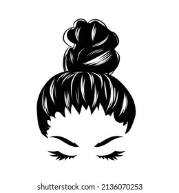 Hand drawn girl with messy hairstyle - hair bun. Mom life style clip art for prints