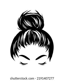 Hand drawn girl with messy hairstyle - hair bun. Mom life style clip art for prints