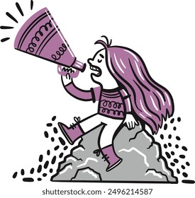 Hand Drawn girl on a stone shouting into a microphone