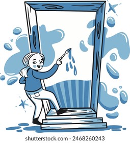 Hand drawn - Girl painting a blue door above some steps 