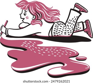 Hand drawn girl painting in pink