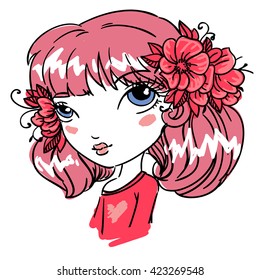 Hand drawn girl portrait with flowers. Young woman fashion vector illustration. Girl with beautiful poppy flower. Floral decor elements.