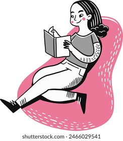 Hand Drawn Girl reading on a pink beanbag 