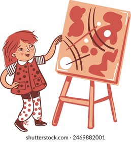 Hand drawn a girl showing off her art on an easel