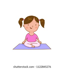 Hand drawn girl sitting in lotus pose. Female yoga meditation. Vector illustration. Healthy children lifestyle. Kid meditating in relaxation asana position. Fitness background. Sport exercise.