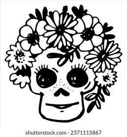 Hand drawn girl skull with floral crown vector illlustration. Outline monochrome feminine sketch. Line art, cute doodle design, sticker, print, poster, card  