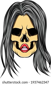 The hand drawn of the girl skull with the straight long hair of illustration