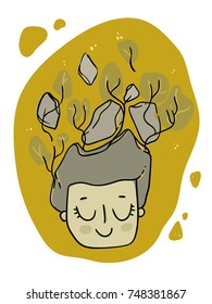 Hand Drawn Girl with Stone Forest Hair 