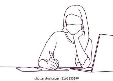 hand drawn girl studying with laptop while wearing face mask illustration