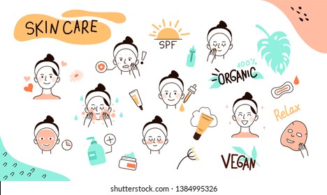 Hand drawn girl take care about her face.  Doodle style vector illustration isolated on white background. - Shutterstock ID 1384995326