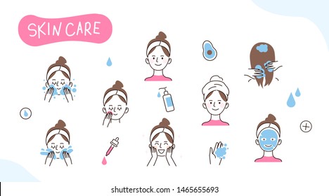 Hand drawn girl take care about her face and hairs.  Doodle style vector illustration isolated on white background.
