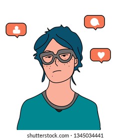 hand drawn girl  thinking about social media, followers and like flat pop art design style vector illustration