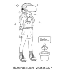 Hand drawn girl using virtual reality coloring book illustration