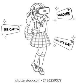 Hand drawn girl using virtual reality coloring book illustration