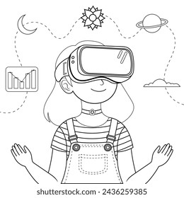 Hand drawn girl using virtual reality coloring book illustration