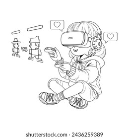 Hand drawn girl using virtual reality coloring book illustration
