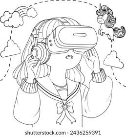 Hand drawn girl using virtual reality coloring book illustration