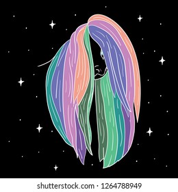 Hand Drawn girl or woman with minimal line style and colorful rainbow paint. Doodle card. Illustrations Drawing a Vector Sketch for textile, print, postcard, poster, background, t-shirt, apparel