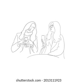 hand drawn girlfriends drinking coffee, line drawing, idea for fashion coloring, fashion girls in sunglasses figure