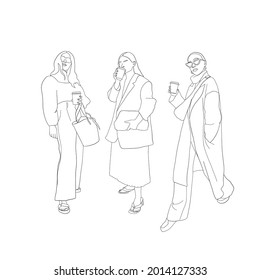 novias dibujadas a mano bebiendo café, dibujando líneas, idea de colorear moda, chicas de moda con figura de gafas de sol