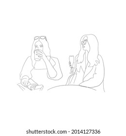 hand drawn girlfriends drinking coffee, line drawing, idea for fashion coloring, fashion girls in sunglasses figure
