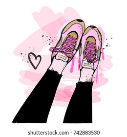 Hand drawn girlish legs in pink sneakers. Graphic vector illustration